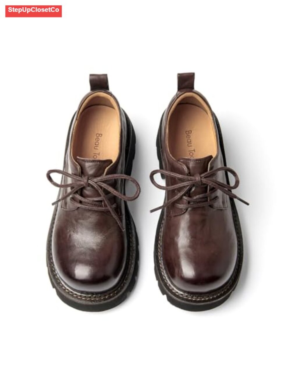 Chunky Platform Oxfords for Women, Cow Leather Lace-up Lug Sole Business Shoes